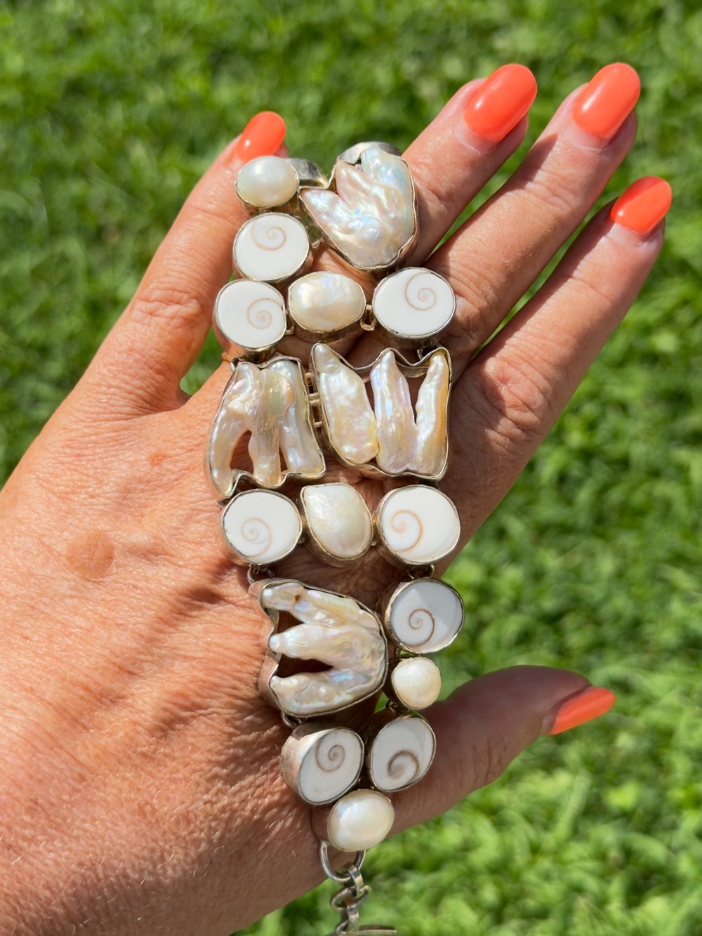 Sterling Silver Shiva Eye Shell & Baroque Pearl Statement Bracelet